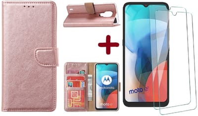 Geschikt voor Moto E7 hoesje - Geschikt voor Moto E7 wallet case portemonnee - Geschikt voor Moto E7 bookcase cover Rose Goud met - Geschikt voor Moto E7 screenprotector / 2 pack tempered glass