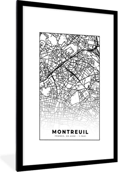 Fotolijst incl. Poster Zwart Wit- Kaart - Plattegrond - Frankrijk - Stadskaart - Montreuil - Zwart wit - 60x90 cm - Posterlijst