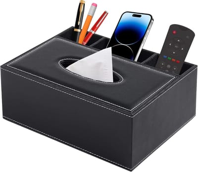 Stijlvolle rechthoekige tissueboxhouder van PU-leer met opbergvak voor afstandsbediening - multifunctionele organizer voor kantoor en huishouden - ideaal voor tissues en kantoorbenodigdheden (Zwart)