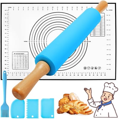 NTHProducts - Siliconen deegroller - Bakmat en deegroller in één - 43,2 cm - Blauw - Perfect voor pizza en koekjes - Ideaal voor bakliefhebbers