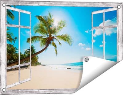 Gards Tuinposter Doorkijk Tropisch Strand en Zee in Sri Lanka - 60x40 cm - Tuindoek - Tuindecoratie - Wanddecoratie buiten - Tuinschilderij
