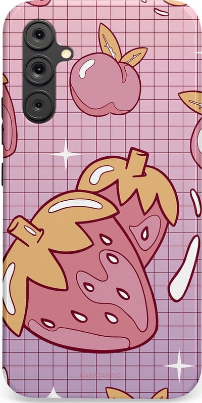 Casetastic Hoesje Geschikt voor Samsung A34 (5G) - Stijlvolle Beschermende Duo-layer Case - Zoete aardbeien raster