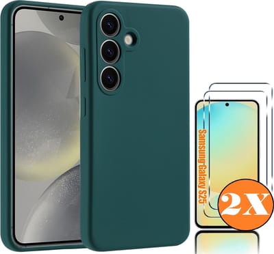 Hoesje geschikt voor Samsung Galaxy S25 Hoesje siliconen Donker Groen zacht TPU backcover - Met gehard glas screenprotector Galaxy S25 / S24 - 2 stuks
