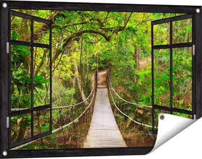 Gards Tuinposter Doorkijk Hangbrug - 90x60 cm - Tuindoek - Tuindecoratie - Wanddecoratie buiten - Tuinschilderij