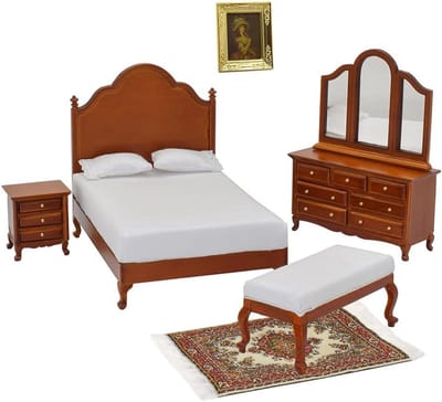 Vintage Walnoot Slaapkamer Set voor Poppenhuis – 6-delige Miniatuur Meubels in Schaal 1/12 met Geweven Tapijt