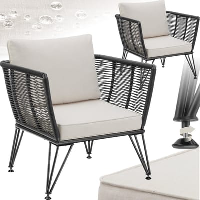 tectake® Loungestoelen Sundo - 2 Fauteuils voor Tuinset, Balkonset of Terras - Wicker Tuinstoelen Set in Rope-Design - Weerbestendig - Inclusief Kussens - Loungestoel Buiten - Loungeset Tuinmeubels