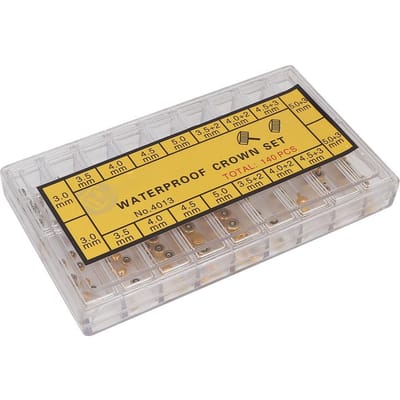140 pièces/boîte Pièces de couronne de montre Assortiment d'accessoires Outil de réparation de montre pour horlogers yellow