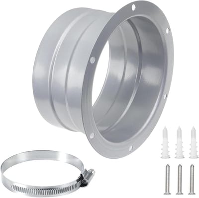 Ronde wandflens voor luchtventilatie, 100mm, met metalen afvoerhals, adapter en roestvrijstalen slangklemmen, ideaal voor ventilatie en afvoerinstallaties