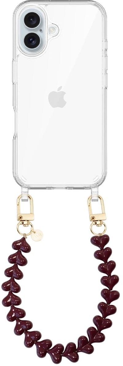 xoxo Wildhearts siliconen hoesje geschikt voor iPhone 16 hoesje - Funky Hearts (Burgundy) - Telefoonhoesje - Hoesje met koord - Donkerbruin / Bruin koord - kort telefoonkoord - Hartjes ketting - Transparant hoesje
