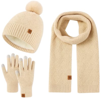 Ultiluxe® Winterset voor dames - Muts, sjaal en handschoenen - Beige - 3-delige set - Volwassenen - Gevoerde beanie met pompom - Lange sjaal - Touchscreen handschoenen - Warme winteraccessoires voor vrouwen - Tegen kou en wind