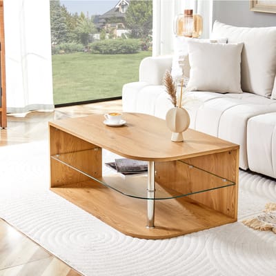 MIVRAY Salontafel - Met Dubbele Opbergruimte En Glazen Legplank - Voor Woonkamer En Kleine Ruimtes - MDF Naturel - 100x60x42 Cm