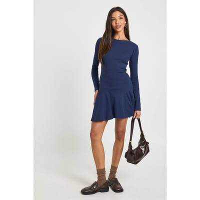 boohoo Dames Geribbelde Skater Jurk met Verlaagde Zoom | Marineblauw | Maat: 36
