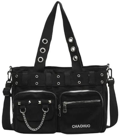 Grote Gothic Tote Bag voor Vrouwen - Y2K Schoudertas met Skully Design