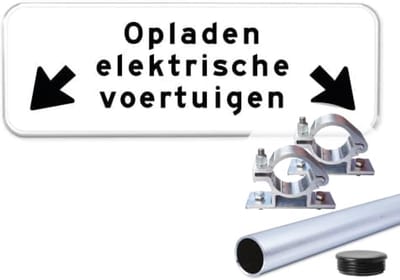Bord oplaadpunt - pijlen - Weerbestendig Aluminium - 40x15 cm - Bevestiging: Met paal 120 cm + paalbeugels + paaldop