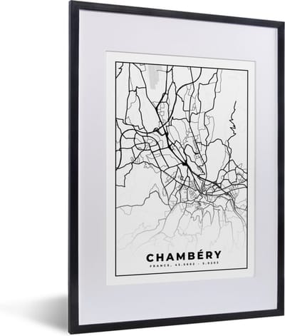 Fotolijst incl. Poster Zwart Wit- Kaart - Stadskaart - Frankrijk - Chambéry - Plattegrond - Zwart wit - 30x40 cm - Posterlijst
