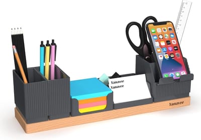 Bureau-organizer, tafelorganizer, hout, kantoor, verstelbare penhouder, telefoonstandaard, visitekaarthouder, potloodhouder, ruimtebesparende bureautafel, grijs