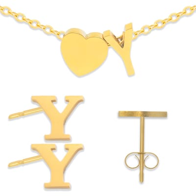 Initiaal Armband & Oorbellen set met Letter Y Goudkleurig - Stainless Steel - Met letter & Hartje! - 2x Sieraden Cadeau - Pax Amare