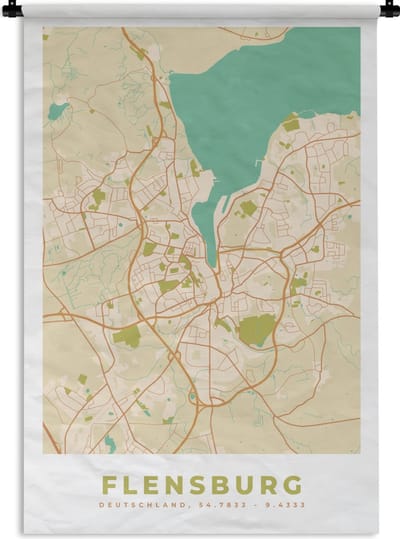 Wandkleed - Wanddoek - Plattegrond - Flensburg - Vintage - Kaart - Stadskaart - 120x180 cm - Wandtapijt