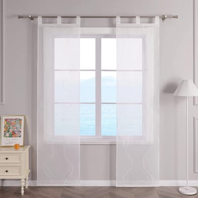 Schuifgordijnen, voile, paneelgordijnen, set van 2 schuifgordijnen, voor woonkamer, met lussen, transparant gordijn geborduurd, wit, 57 x 225 cm (b x h), 2 stuks