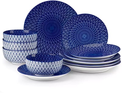 Serviesset - 4 Persoons Servies - Porselein - Dinerborden - Dessertborden - Ontbijtkommen - 12-delige Set - Blauw - Wit - Flame