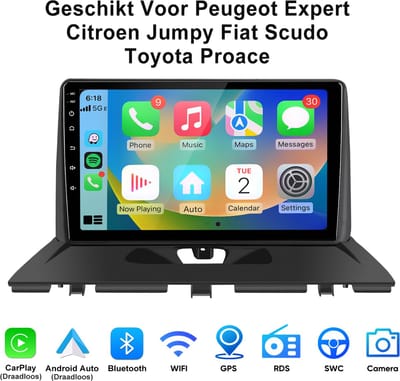 Junsun Android 15 Autoradio Geschikt Voor Peugeot Expert/Citroen Jumpy/Fiat Scudo/Toyota Proace, 4GB+64GB, 9-inch HD IPS Touchscreen, Draadloze CarPlay & Andriod Auto, DAB+, GPS-navigatiesysteem, Bluetooth, SWC, RDS, WiFi, DSP