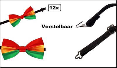 12x Luxe Vlinder strik rood/geel/groen verstelbaar - vlinder strik carnaval optocht thema feest kerst gala huwelijk