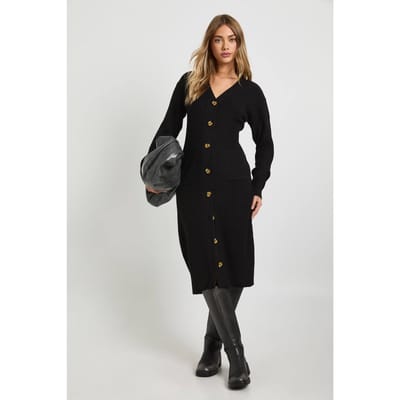 boohoo Dames Zacht gebreide midi-jurk met knoopdoorloop | Zwart | Maat: Medium