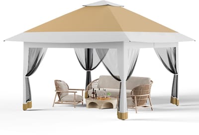 Partytent met 4 Mesh Zijwanden - 360x360x300cm - Waterafstotend Paviljoen met Muggennet - Pop-up - Geventileerd Dak - Draagtas op Wieltjes - Voor Tuin Terras Feest - Kaki