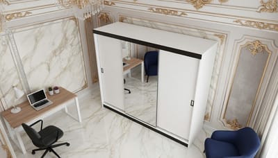 Schuifdeurkast Casa Velluto RetroLux 200 – Moderne multifunctionele kledingkast met spiegel – Grote garderobekast voor woonkamer en slaapkamer – Zelfmontage – 200x205x59 cm – Wit design