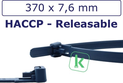 PRO-TIE® - Tyraps, kabelbinders Hersluitbaar - Detecteerbaar (HACCP) 370 x 7,6 mm blauw (Zak 100 stuks) (tiewrap/tyrap/tie-wrap/bundelbandje/colsonbandje/)