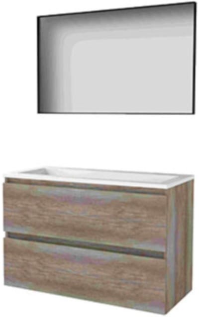 Basic-Line Framed 46 Badkamermeubelset - 100 x 46 cm - Greeploos - 2 Lades - Acryl Wastafel - Zonder Kraangat - Spiegel met Zwart Aluminium Frame - Scotch Oak