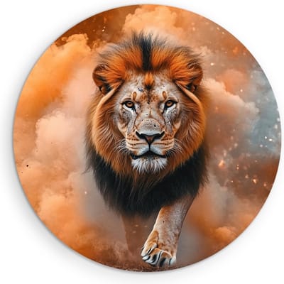 Saammp Muurcirkel Hout - Leeuw - Oranje - Abstract - Dieren - Natuur - Ø 90 - Wandcirkel - Wanddecoratie Cirkel - Muurdecoratie Woonkamer - Slaapkamer decoratie - Rond Schilderij