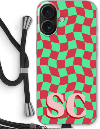 Gepersonaliseerd - Case Company® - Hoesje met koord geschikt voor iPhone 16 hoesje met Koord - Grid Monogram - Telefoonhoesje met Zwart Koord - Bescherming aan alle Kanten en Over de Schermrand