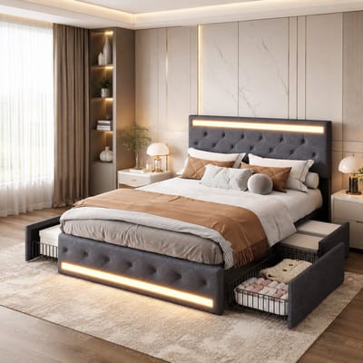 Opbergbed 140x190 cm - Lattenbodem en 4 opberglades - Tweepersoonsbed met ledverlichting en usb-aansluiting - Verstelbaar gewatteerd hoofdbord - bedframe 140x190 - Linnen - Donkergrijs