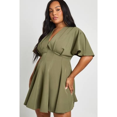 boohoo Dames Plus geplooide rok skaterjurk | Kaki | Maat: 44
