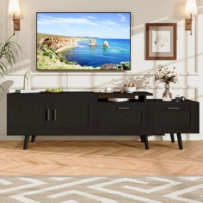 Tv-meubel voor 55-inch tv, laag tv-meubel met 4 deuren van MDF, tv-kast met rotanfineer, dressoir in landhuisstijl, tv-kast voor slaapkamer, woonkamer, eetkamer, maximale lengte 180 cm, zwart