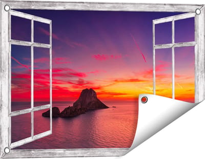 Gards Tuinposter Doorkijk Ibiza Rotsen Eiland bij Zonsondergang - 60x40 cm - Tuindoek - Tuindecoratie - Wanddecoratie buiten - Tuinschilderij