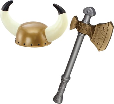 Boland Viking verkleedkleding set - 2 delig - kinderen - vikinghelm met hoorns - hakbijl van 47 cm - Geschiedenis thema