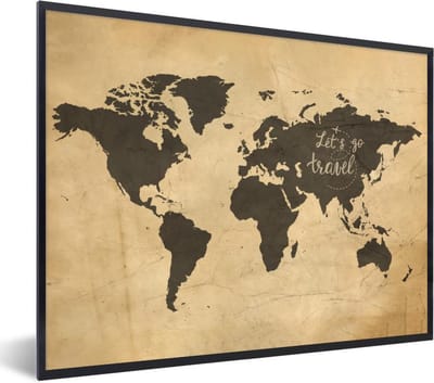 Poster in lijst - Fotolijst 80x60 cm - Posters - Wereldkaart - Reizen - Vintage - Posterlijst zwart - Decoratie - Wanddecoratie woonkamer - Muurdecoratie slaapkamer