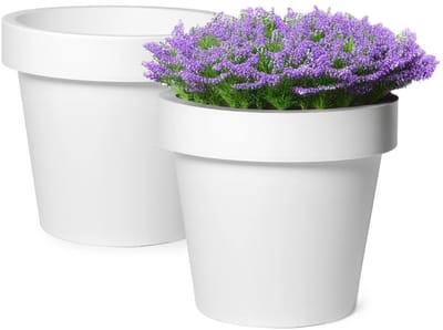 Mega Collections Plantenpot/bloempot - 2x - kunststof - wit - buiten - D16 x H14 cm