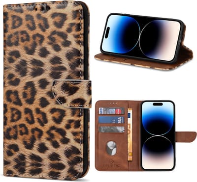 Multimedia & Accessoires Lederen Book Case Hoesje geschikt voor Apple iPhone 15 – Luipaard – Bruin -Telefoonhoesje – Met Stand – Kaarthouder – Pasjes Houder – Magneet Sluiting – Bookcase