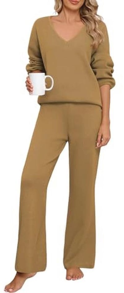 Tweedelig trainingspak voor dames - Elegant loungewear met V-hals en lange mouwen