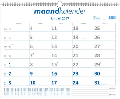 MGPcards - Maandkalender 2027 - Ruim A3 formaat - Week begint op MAANDAG - Wire-O - 43 x 34 cm