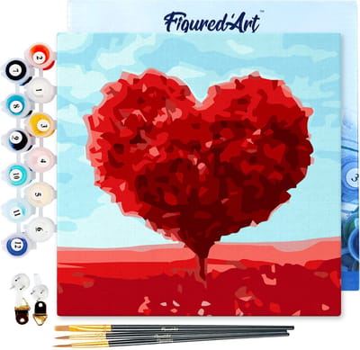 Figured'Art Mini Schilderen op Nummer Volwassenen 20x20cm met lijst Rode hartenboom - Klein Formaat Creatieve Hobby Kit DIY Art Nummer Compleet