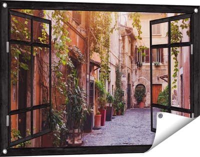 Gards Tuinposter Doorkijk Straatje in Rome met Groene Planten - 90x60 cm - Tuindoek - Tuindecoratie - Wanddecoratie buiten - Tuinschilderij