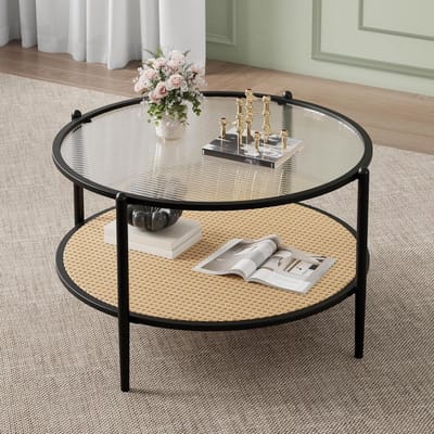 Ronde Salontafel - Bijzettafel Woonkamer - Woonkamer Decoratie - Gestructureerd Glas Rotan - 73 x 73 x 49 cm - Zwart