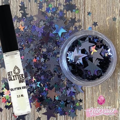 GetGlitterBaby® - Chunky Festival Glitters Sterretjes voor Lichaam en Gezicht Gel Glitterlijm Huid lijm / Bio Vegan Biodegradable Biologische Face Body Glitter Jewels - Donker Zilver / Zwart + Glittergel Huidlijm Lijm