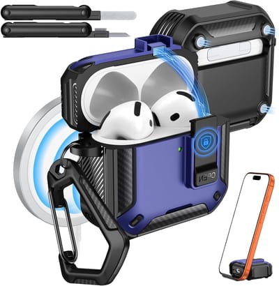 AirPods 4 Hoes met Slot 2024 - Geschikt voor MagSafe, Telefoonstandaard en Auto Pop-up, Militaire Bescherming met Schoonmaakset, Donkerblauw en Zwart