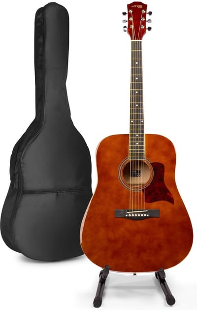 Akoestische gitaar voor beginners - MAX SoloJam Western gitaar 4/4 - Incl. gitaar standaard, gitaar stemapparaat, gitaartas en 2x plectrum - Bruin (hout)