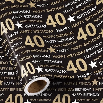NTHProducts - Cadeaupapier - Verjaardag - Modern en stijlvol - 40e verjaardag - Sterren en letters print - Perfect voor feesten - Zwart met goud